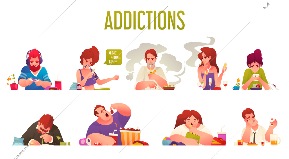 Addicted people cartoon icons set with scenes of addiction to alcohol smoking and gadgets isolated vector illustration