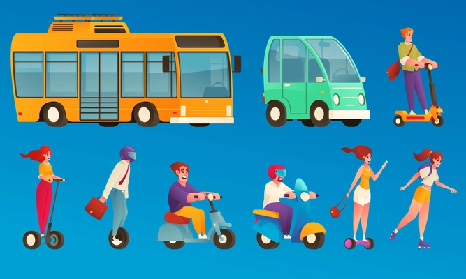 Eco transport cartoon icons set with electric bus scooters and bikes isolated vector illustration