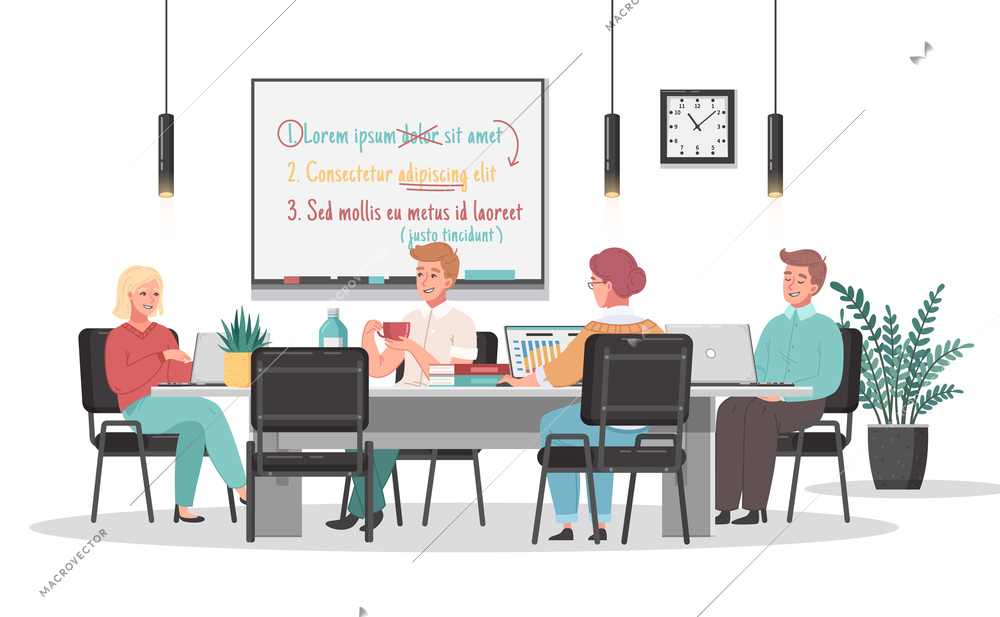 Meeting room cartoon scene with office workers sitting and presentation board realistic vector illustration