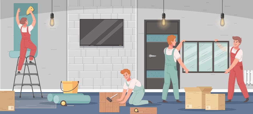 Renovation cartoon scene with workmen installing windows and making floor vector illustration