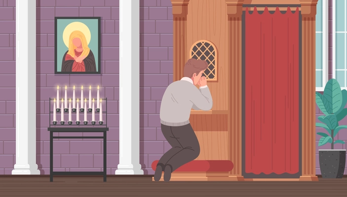 Christian church cartoon with man praying on his knees vector illustration
