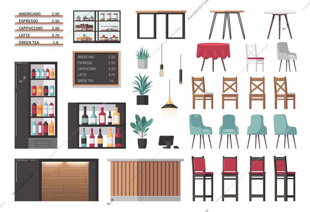 Restaurant interior constructor cartoon icons set with bar and cafe furniture items isolated vector illustration