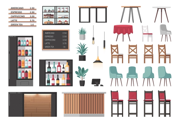 Restaurant interior constructor cartoon icons set with bar and cafe furniture items isolated vector illustration