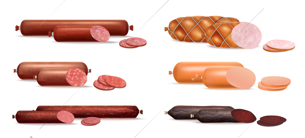 Realistic sausage set with isolated images of pieces and slices of different sausages on blank background vector illustration