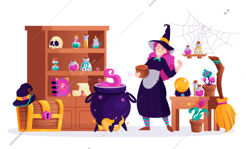 Magic composition of vintage interior elements in witch dwelling with female character jars chest and cauldron vector illustration