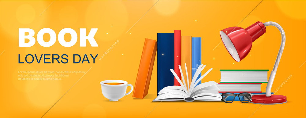 Realistic book lovers day horizontal background with composition of text and books with lamp and cup vector illustration