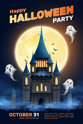 Happy halloween party cartoon placard with old gothic castle ghosts and october 31 date vector illustration