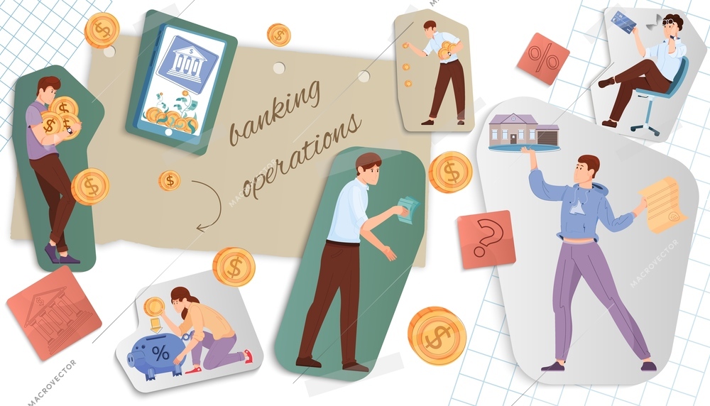 Banking services cut paper flat collage with people performing banking operations using currency credit cards or bitcoin vector illustration