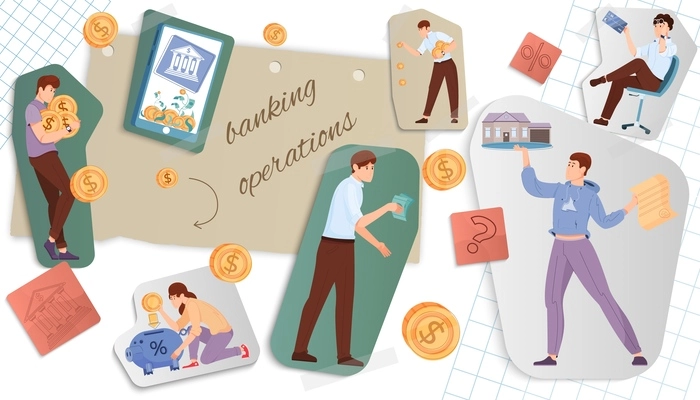 Banking services cut paper flat collage with people performing banking operations using currency credit cards or bitcoin vector illustration