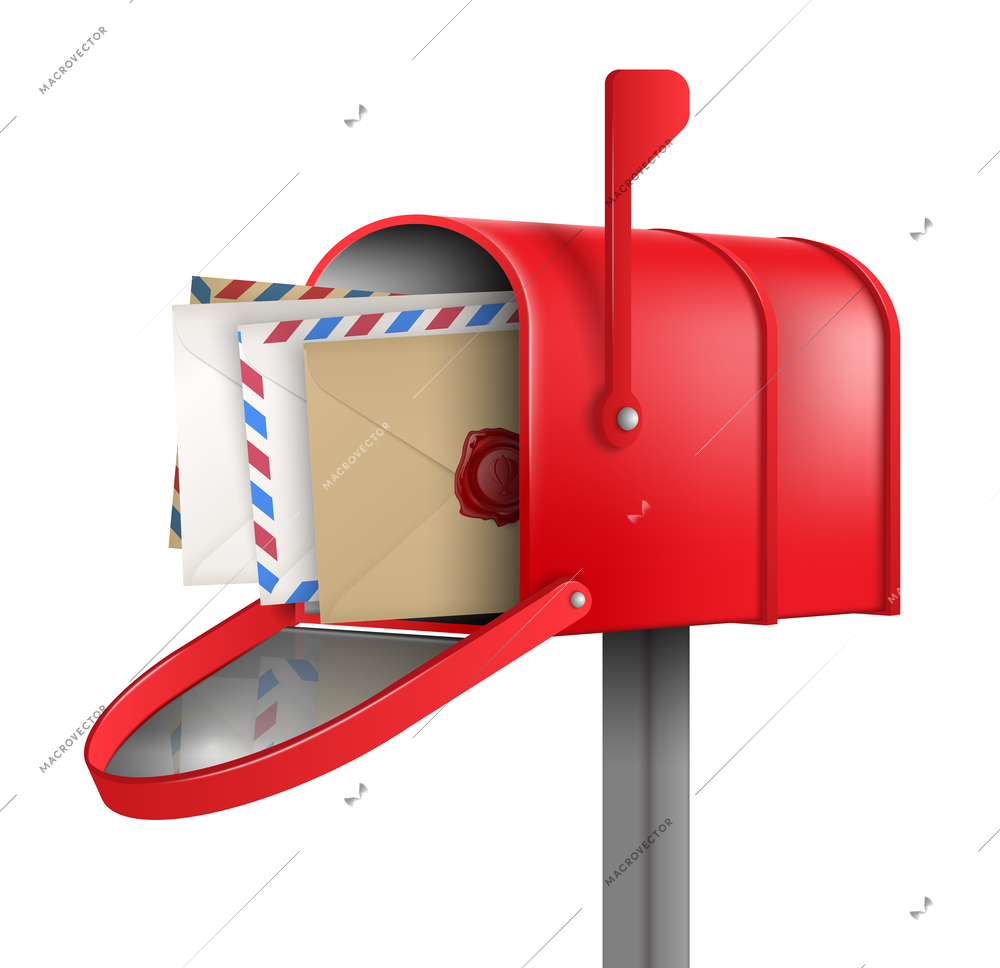 Realistic red mailbox composition with four envelopes with letters inside on white background vector illustration