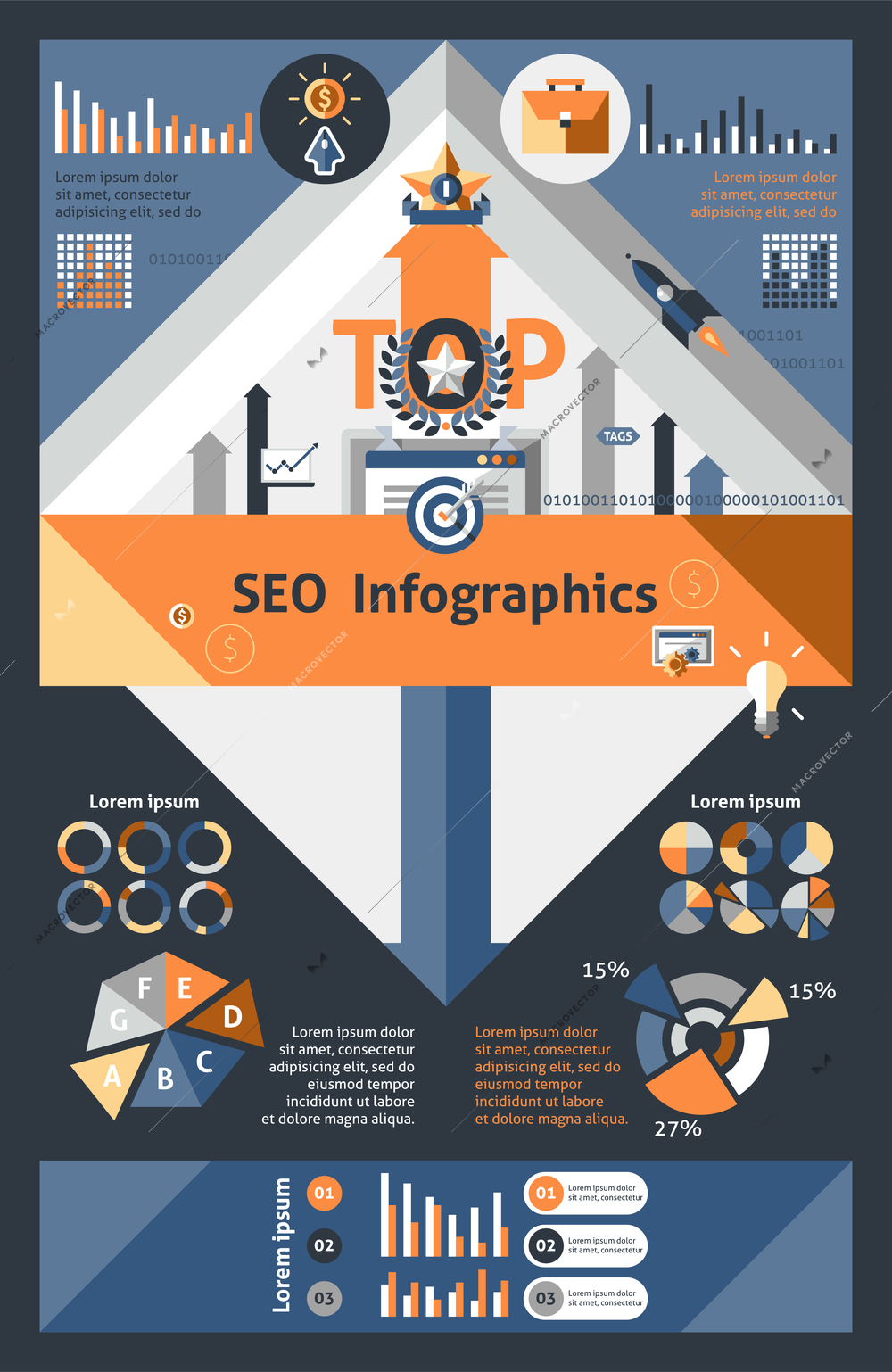 Seo infographics set with startup planning development elements and charts vector illustration