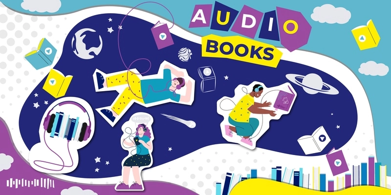 Audio books cut paper collage with young listening to digital audiobooks music or podcasts from home flat vector illustration