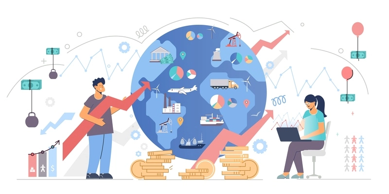 Macroeconomics flat vector illustration with globe image in centre and currency tied to balloons and kettlebells symbolizing changing market