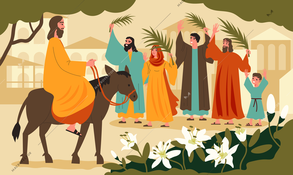 Easter and palm sunday flat concept with Jesus Christ entering Jerusalem on donkey vector illustration