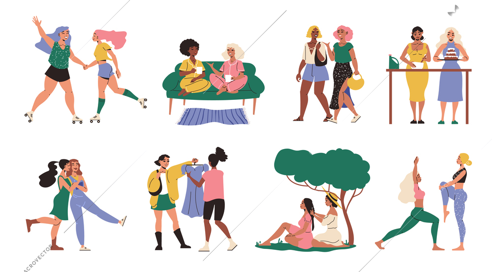 Female friends cartoon compositions with girls pairs relaxing outdoors cooking shopping rolling isolated vector illustration