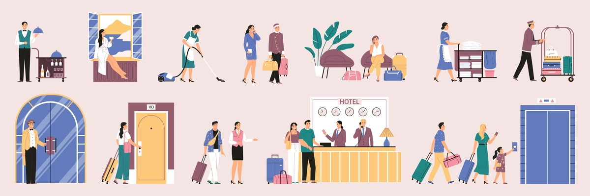 Flat hotel set with porter receptionist waiter doorman maid and travellers checking in with luggage isolated on color background vector illustration