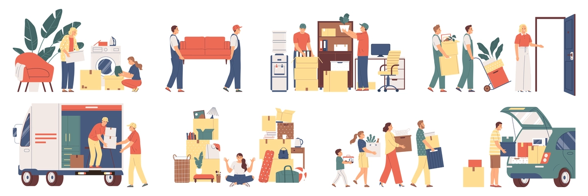 Removal flat set with people loading and unloading their belongings while moving to new house isolated vector illustration