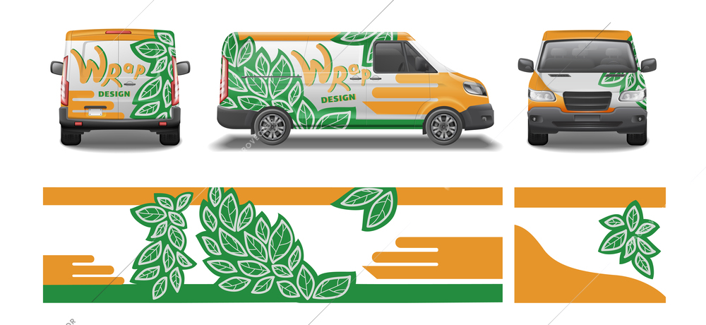 Car van mockup livery wrap design realistic set with isolated looks of car and floral artwork vector illustration