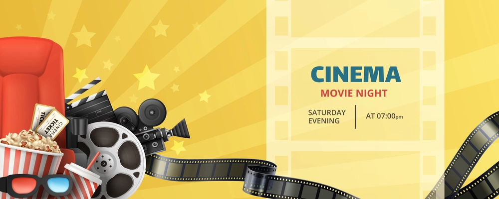 Cinema movie night realistic poster banner with camera reels popcorn 3d glasses vector illustration