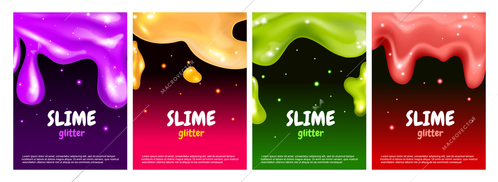 Realistic glitter slime poster set with four vertical backgrounds editable ornate text and colorful liquid blots vector illustration