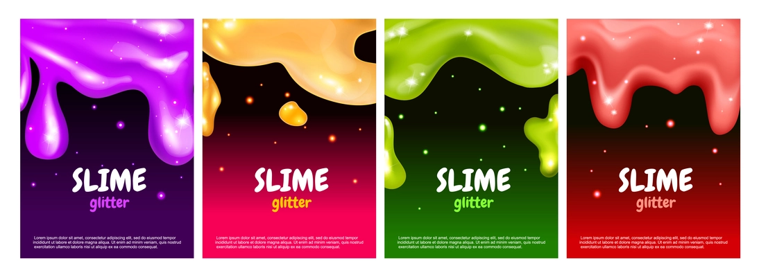 Realistic glitter slime poster set with four vertical backgrounds editable ornate text and colorful liquid blots vector illustration