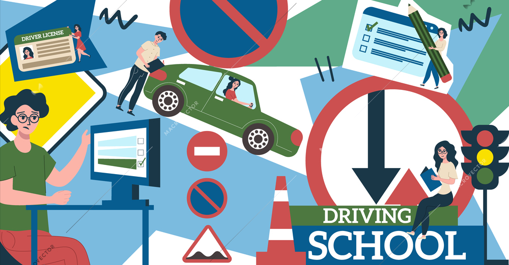 Driving school flat collage with instructor students and transportation signs vector illustration