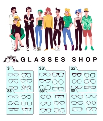 Optic glasses shop set of isolated shop displays with eyeglasses with various frames and human characters vector illustration