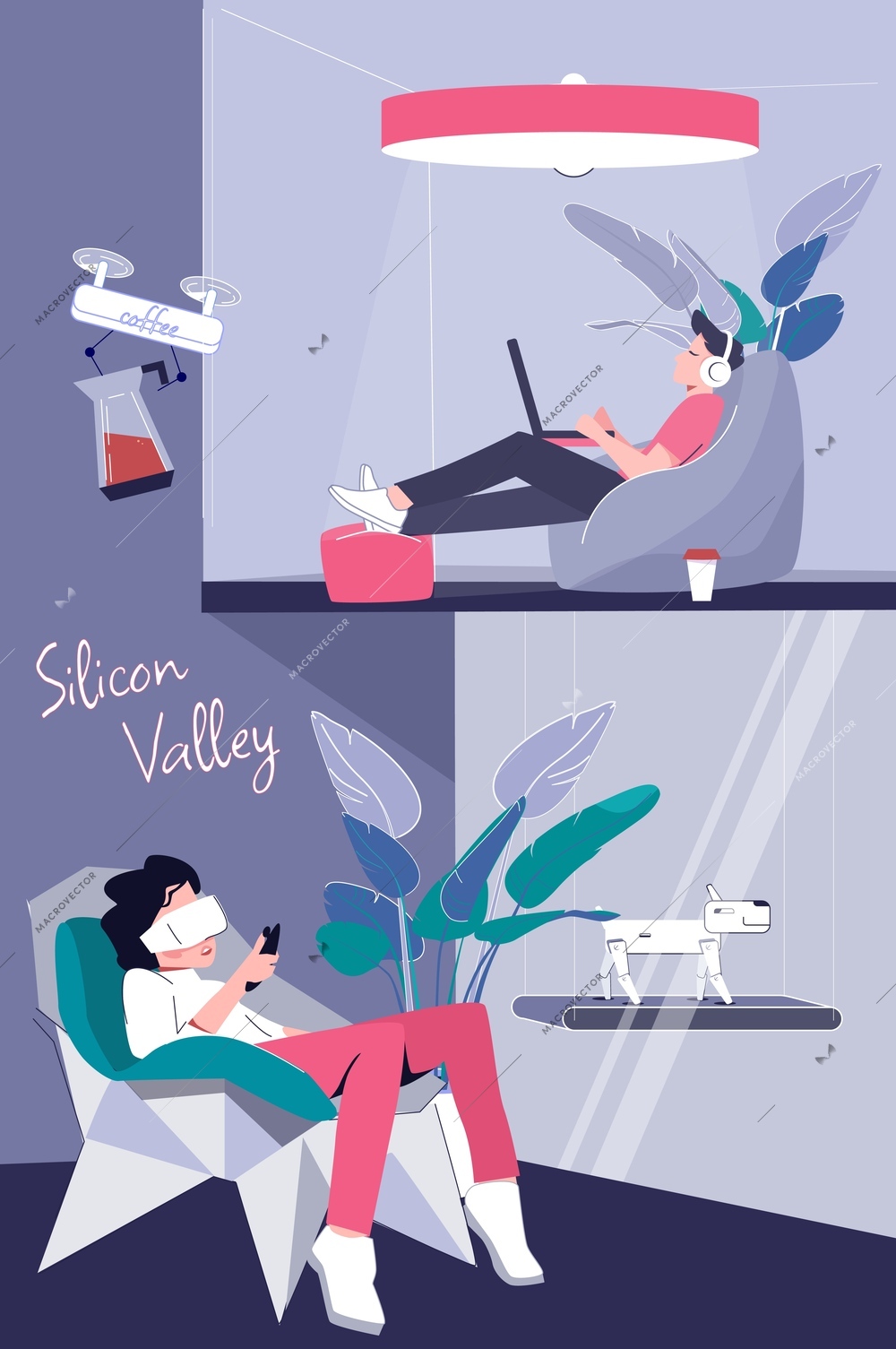 Silicon valley flat vertical composition with indoor views of office with lounge chairs and drone delivery vector illustration