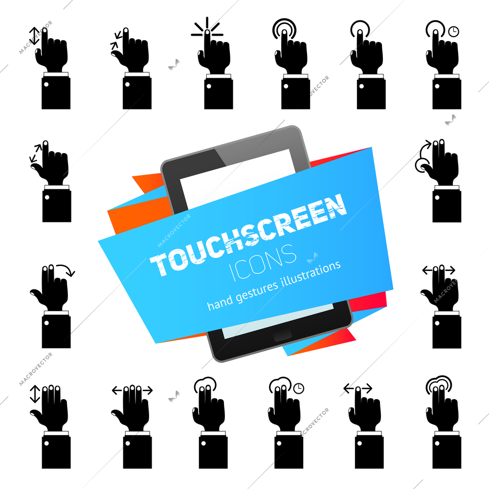 Human hands touch gestures icons black with tablet touchscreen device vector illustration