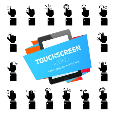 Human hands touch gestures icons black with tablet touchscreen device vector illustration