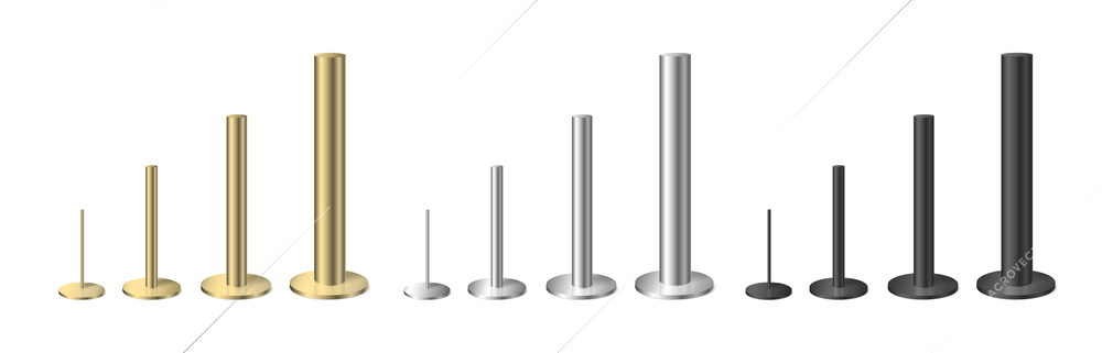 Realistic set of metal golden silver and black poles of different size isolated vector illustration