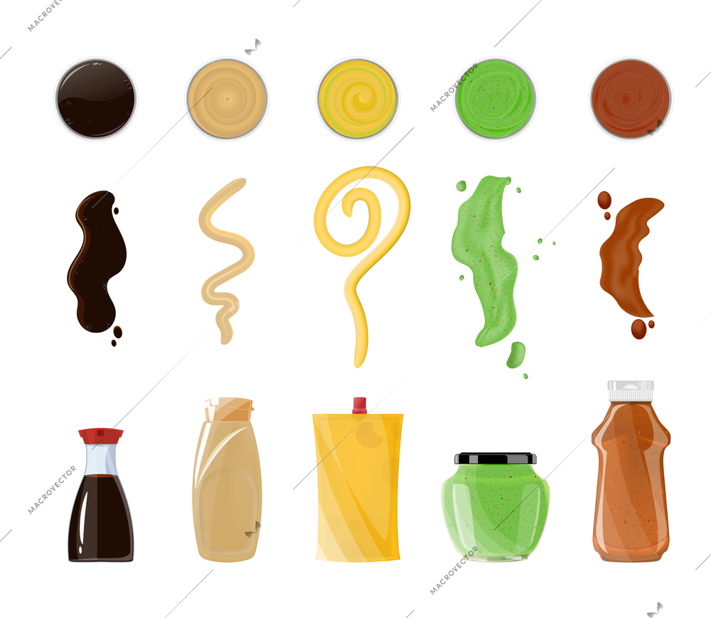 Sauces packages bottles and strips flat set with soy wasabi cheese mustard and bbq isolated vector illustration