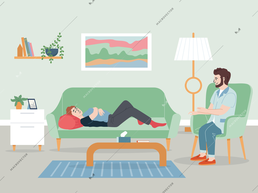 Child psychologist flat scene with therapist consulting teenager vector illustration