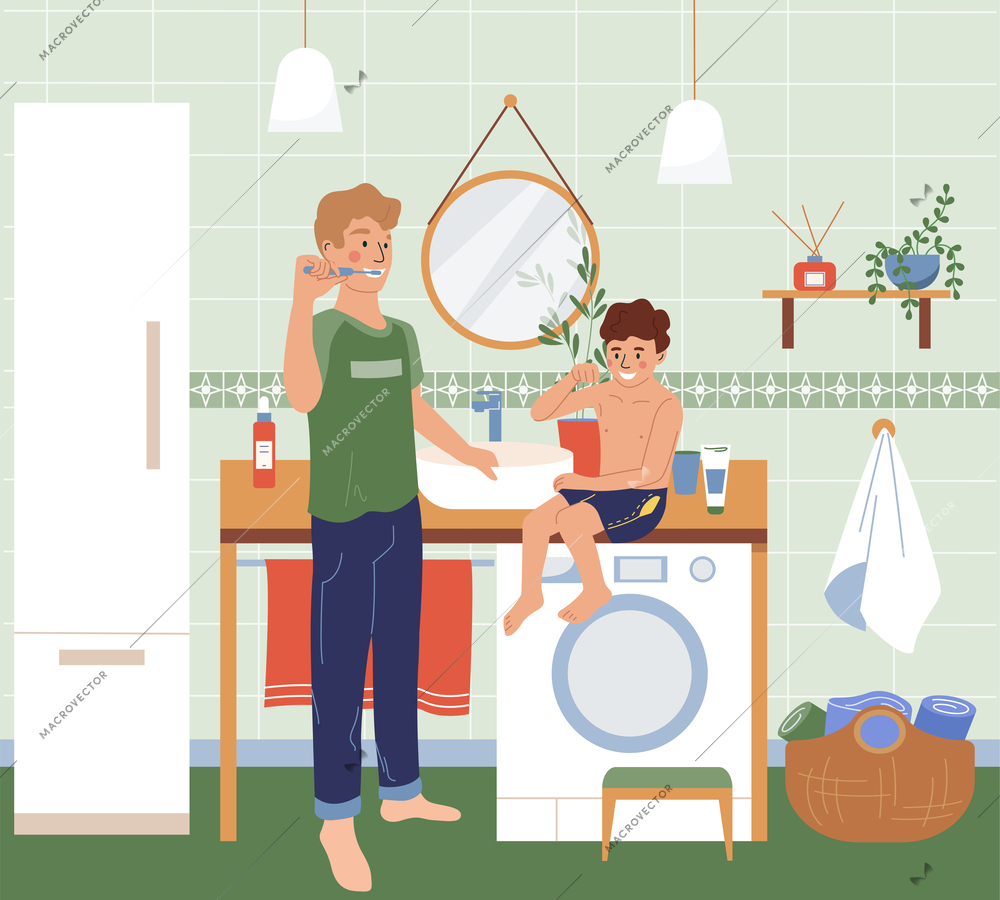 Family morning routine flat concept with father and son brushing teeth vector illustration