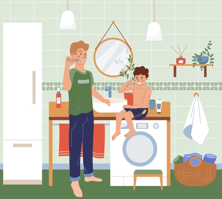 Family morning routine flat concept with father and son brushing teeth vector illustration