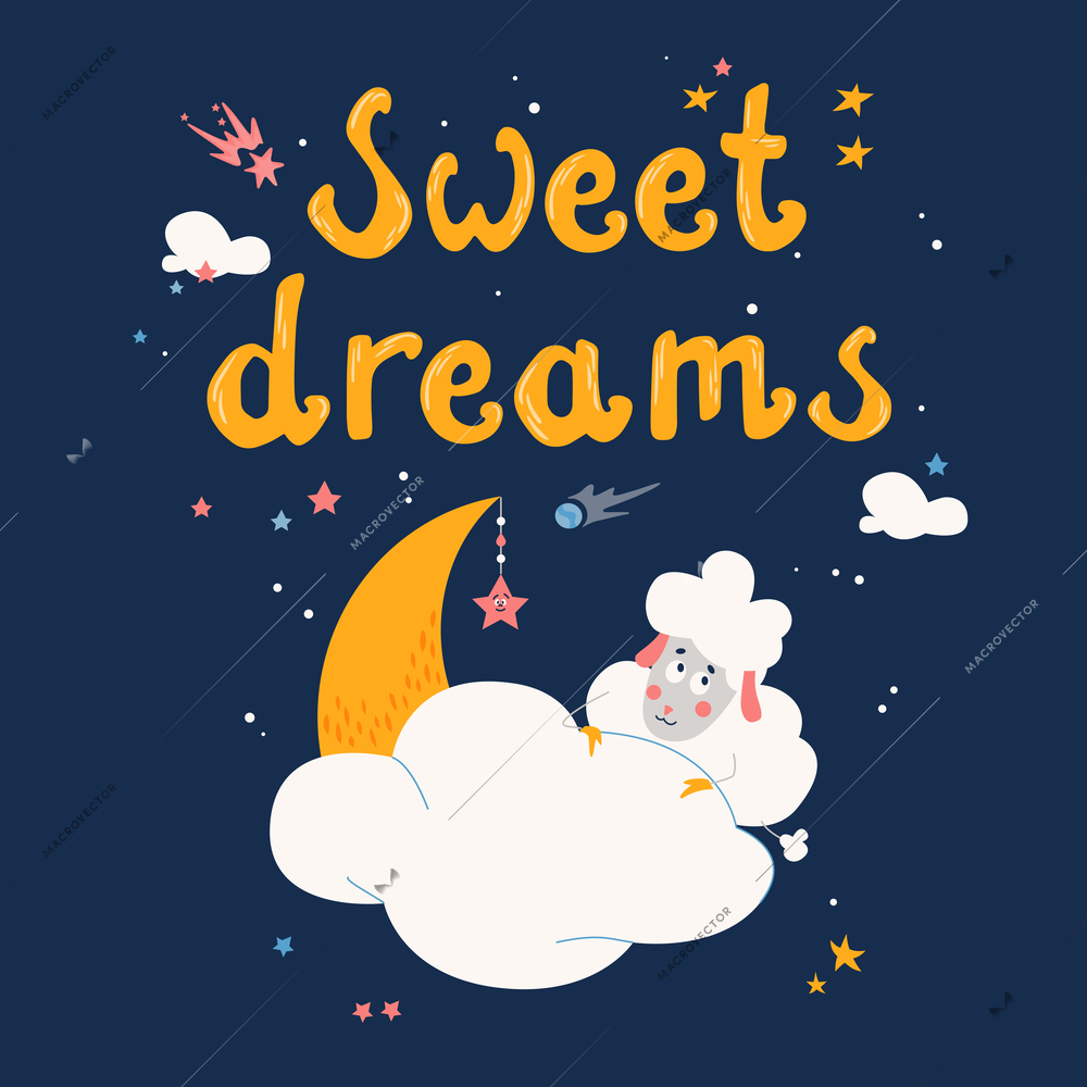 Sweet dreams postcard with cartoon moon and cute sheep vector illustration