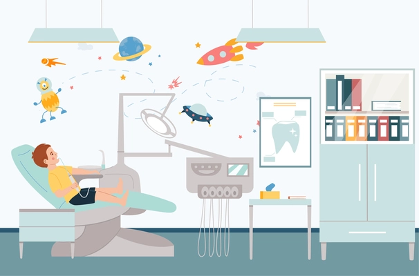 Kids service flat composition with child dentist cabinet interior vector illustration