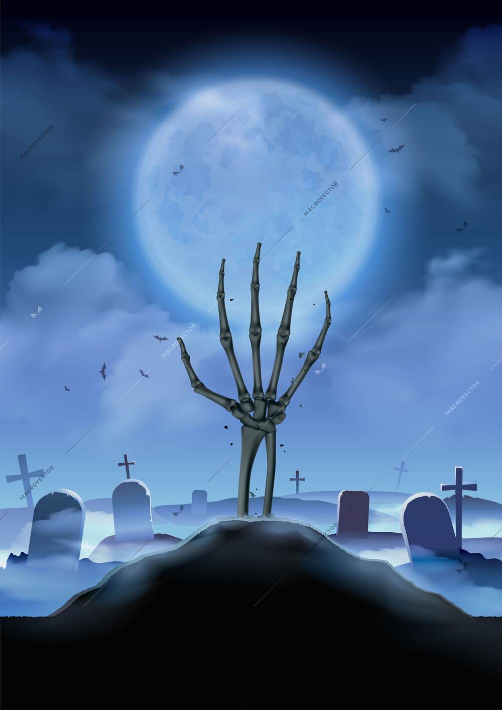 Halloween landscape realistic vertical composition with nocturnal cemetery scenery and skeleton hand raising from the ground vector illustration