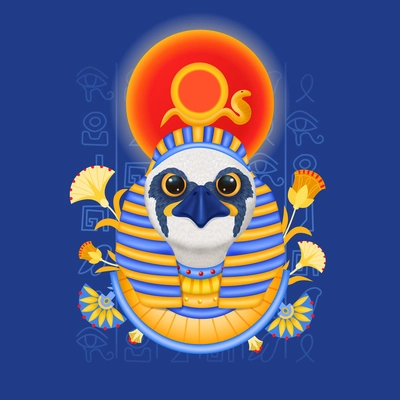 Ra egyptian gods composition with decorated head of bird with pharaoh nemes sun circle and snake vector illustration
