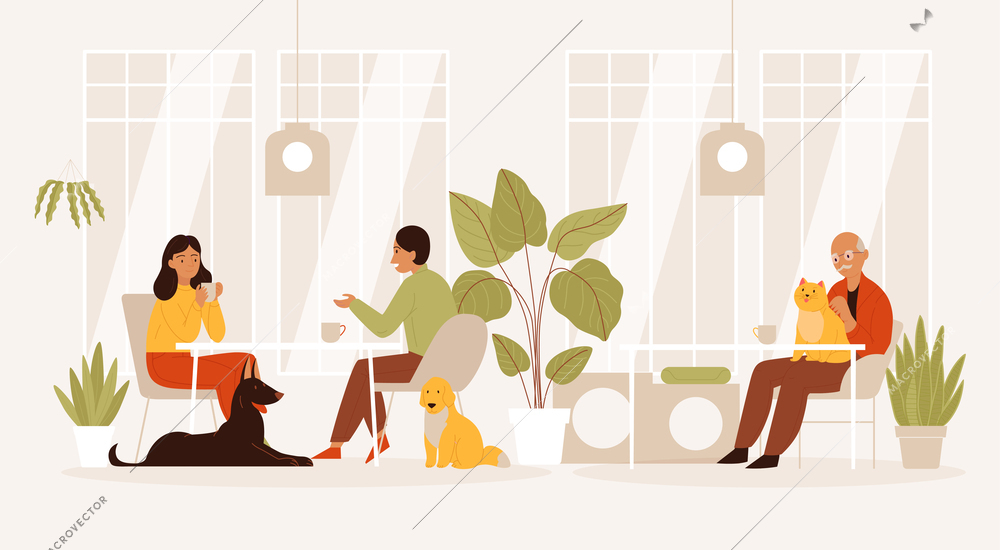 Pets cafe composition with silhouette interior of cafeteria with houseplants and people drinking coffee with animals vector illustration