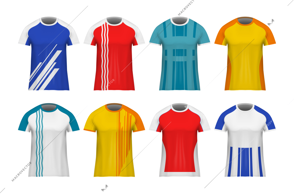 Set with isolated realistic soccer football jersey mockup icons with isolated images of sport uniform tops vector illustration