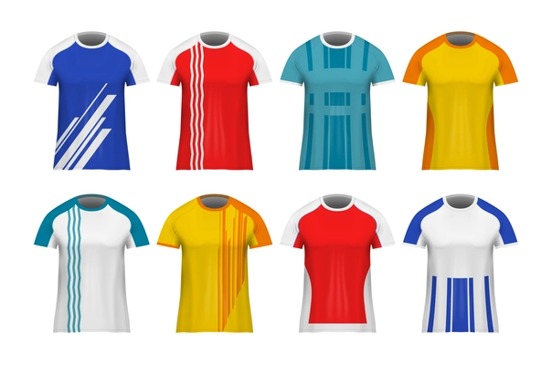 Set with isolated realistic soccer football jersey mockup icons with isolated images of sport uniform tops vector illustration