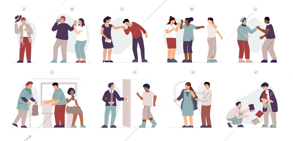 Social etiquette flat set of well mannered people who observe delicacy in communication isolated vector illustration