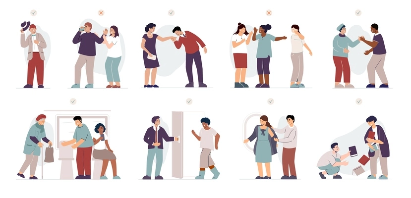 Social etiquette flat set of well mannered people who observe delicacy in communication isolated vector illustration