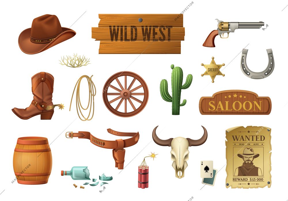 Wild west symbols cartoon set with cowboy hat handgun cactus dynamite lasso saloon signboard wanted poster on white background isolated vector illustration