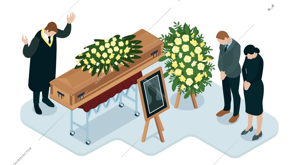 Priest holding funeral service near coffin wreath portrait and mourning relatives 3d isometric vector illustration