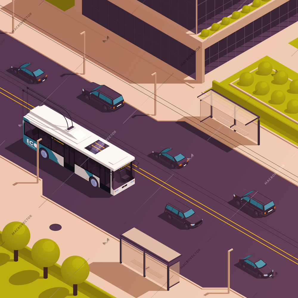 Public sustainable transport with electric eco trolley bus on city street isometric vector illustration