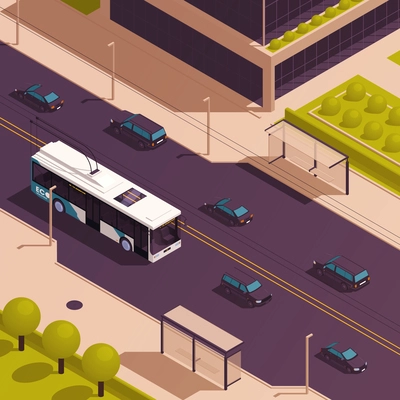 Public sustainable transport with electric eco trolley bus on city street isometric vector illustration