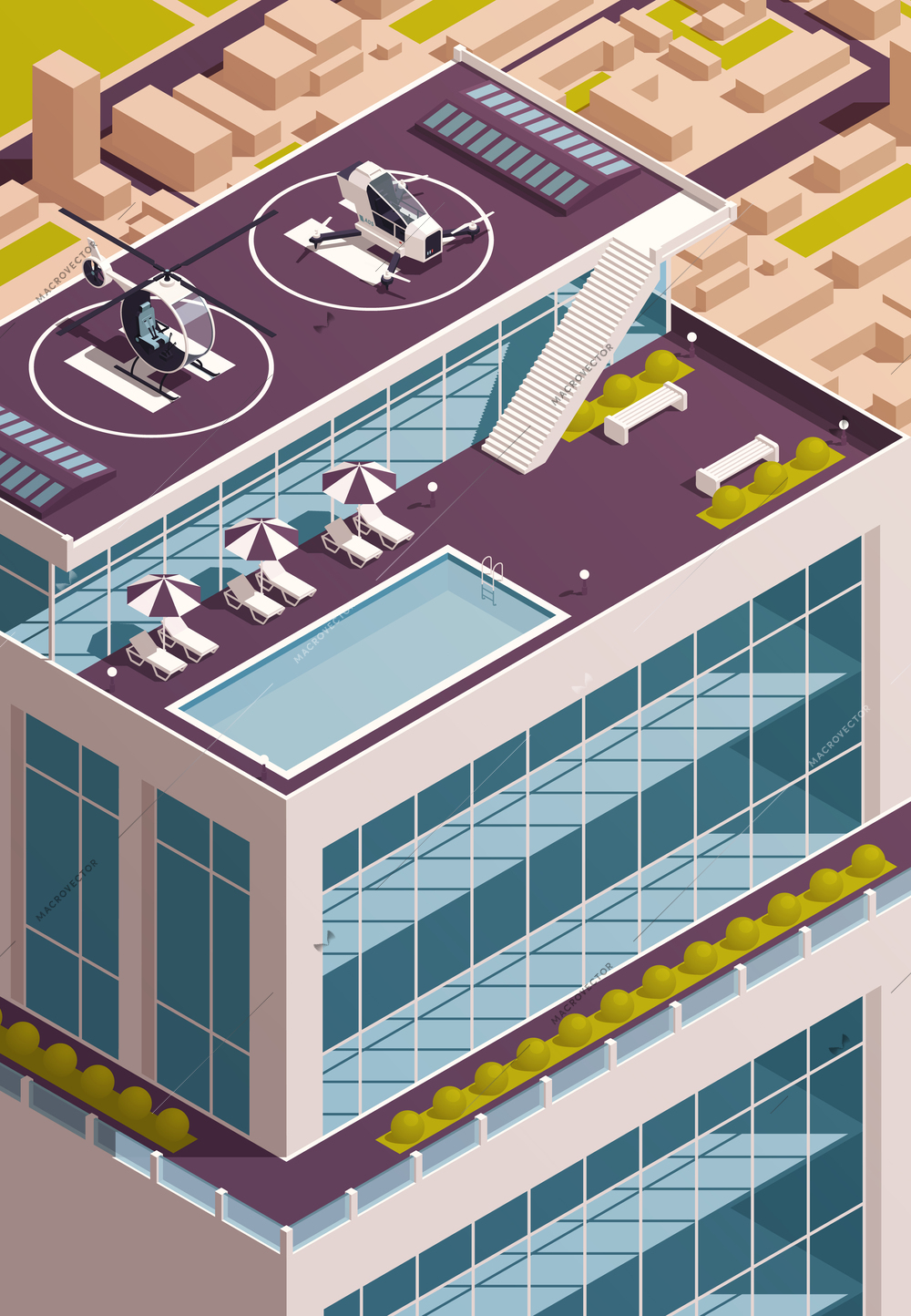 Roof heliport isometric concept with private airplane and helicopter landed on building rooftop vector illustration