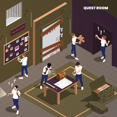 Escape room quest concept with people solving different treasure hunt puzzles isometric vector illustration